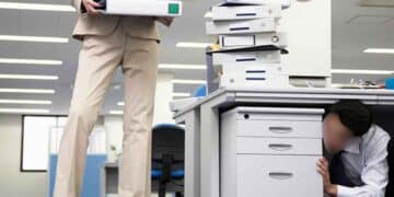 Empleado en oficina simboliza los límites de los registros empresariales según el artículo 18 del Estatuto de los Trabajadores.