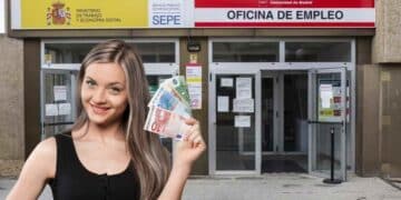 Mujer con billetes frente a oficina del SEPE para ayuda de 3.000 euros a desempleados con pocos días cotizados.
