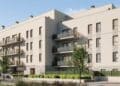 Fachada de modernas viviendas asequibles en el nuevo barrio de Alovera, a 45 minutos de Madrid con playa urbana.