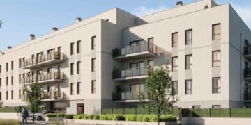 Fachada de modernas viviendas asequibles en el nuevo barrio de Alovera, a 45 minutos de Madrid con playa urbana.