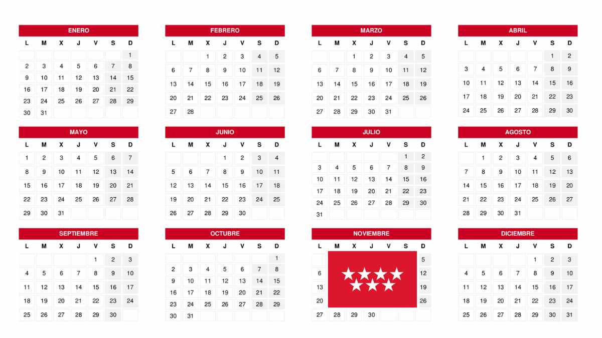 Calendario 2025 con el festivo de la Almudena en Madrid confirmado por el BOE para el puente de noviembre.