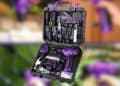 Caja de herramientas DEKO con taladro eléctrico de 8V y 126 piezas en color morado