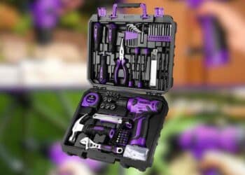 Caja de herramientas DEKO con taladro eléctrico de 8V y 126 piezas en color morado