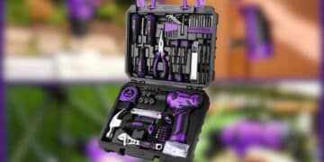 Caja de herramientas DEKO con taladro eléctrico de 8V y 126 piezas en color morado