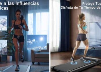 Mujer caminando en cinta de andar compacta en casa, ideal para hacer ejercicio sin salir y proteger las rodillas.