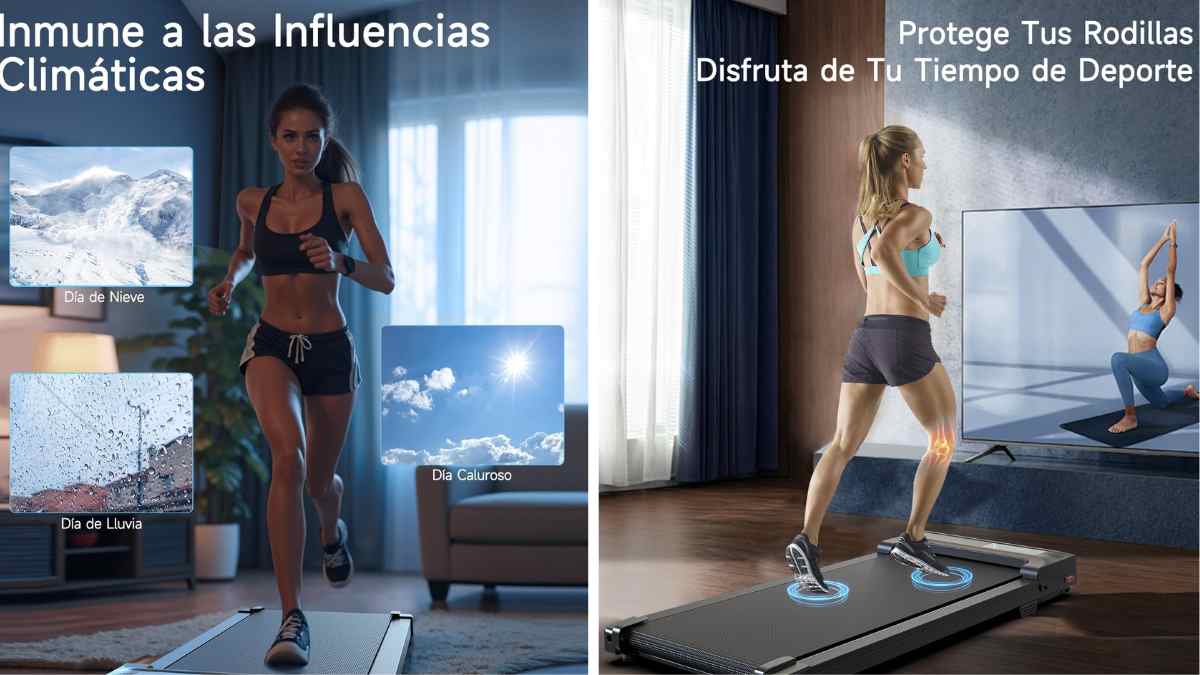 Mujer caminando en cinta de andar compacta en casa, ideal para hacer ejercicio sin salir y proteger las rodillas.