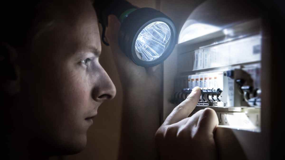 Persona revisando cuadro eléctrico durante corte de luz en la Comunidad de Madrid, octubre de 2025.