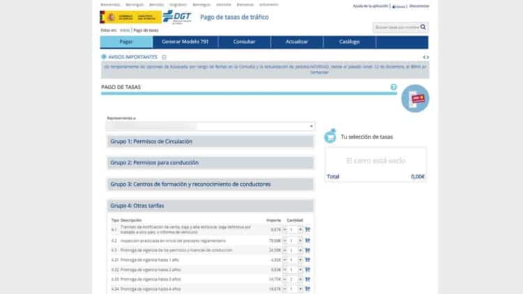 Pago de tasas de tráfico en la web de la DGT para renovar el carné de conducir.