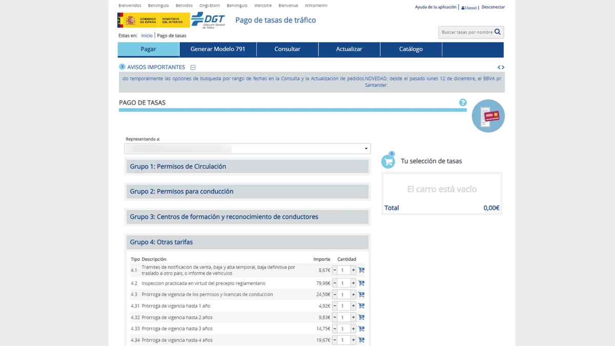 Pago de tasas de tráfico en la web de la DGT para renovar el carné de conducir.