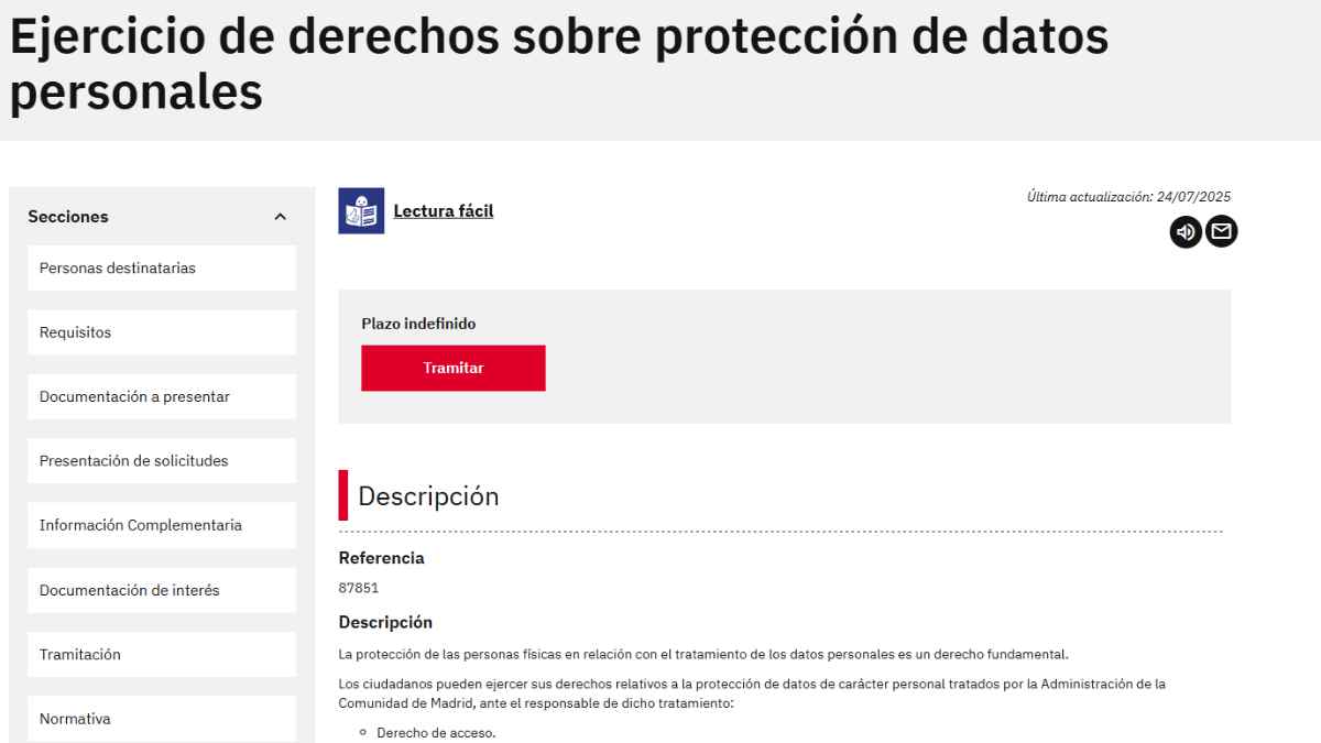 Ejercicio de derechos sobre protección de datos personales en la Comunidad de Madrid.