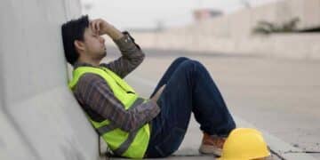 Trabajador agotado en pausa laboral, Estatuto de los Trabajadores garantiza descansos diarios y semanales mínimos.