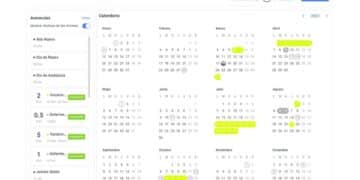 Calendario laboral con vacaciones por días separados según el Estatuto de los Trabajadores.
