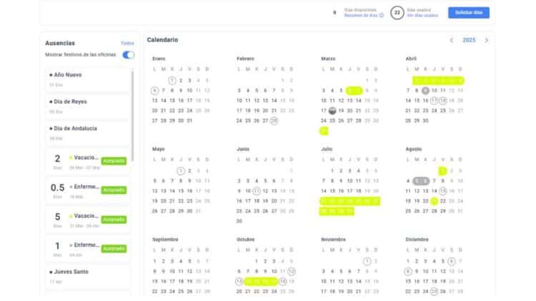 Calendario laboral con vacaciones por días separados según el Estatuto de los Trabajadores.