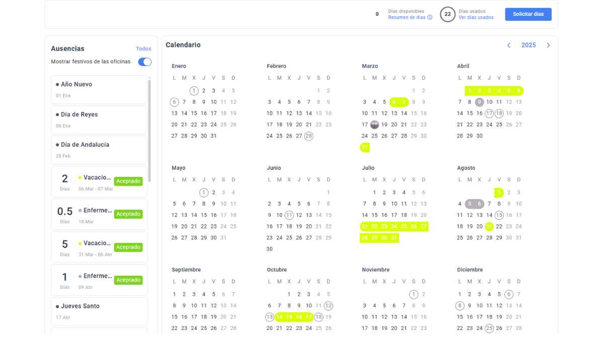 Calendario laboral con vacaciones por días separados según el Estatuto de los Trabajadores.