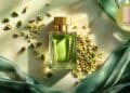 Perfume de pistacho sobre fondo verde con pistachos y tela satinada.