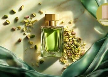 Perfume de pistacho sobre fondo verde con pistachos y tela satinada.