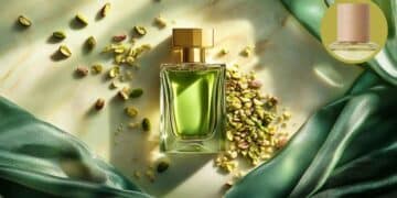 Perfume de pistacho sobre fondo verde con pistachos y tela satinada.