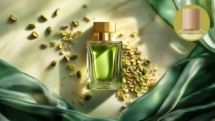 Perfume de pistacho sobre fondo verde con pistachos y tela satinada.