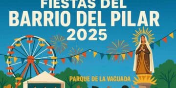 Fiestas del Barrio del Pilar 2025 en el Parque de La Vaguada de Madrid con conciertos y fuegos artificiales.