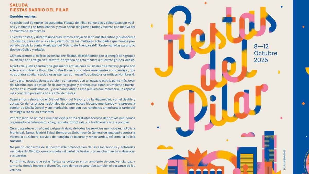 Cartel oficial de las Fiestas del Barrio del Pilar 2025 en Madrid con fechas y programación