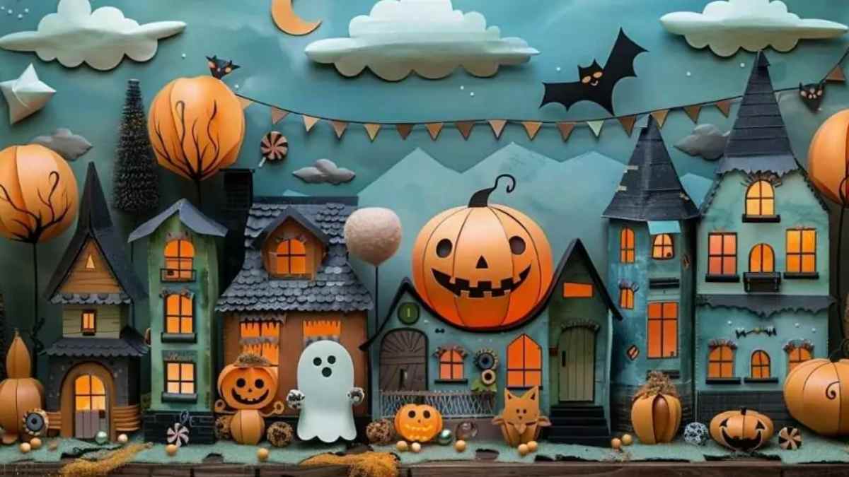 Decoración de Halloween 2025 en Puente de Vallecas con calabazas, fantasmas y ambiente festivo familiar.