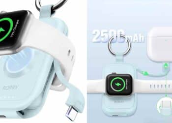 Llavero cargador portátil 3 en 1 RORRY de Amazon para móvil, reloj y auriculares.