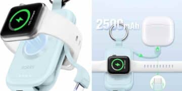 Llavero cargador portátil 3 en 1 RORRY de Amazon para móvil, reloj y auriculares.