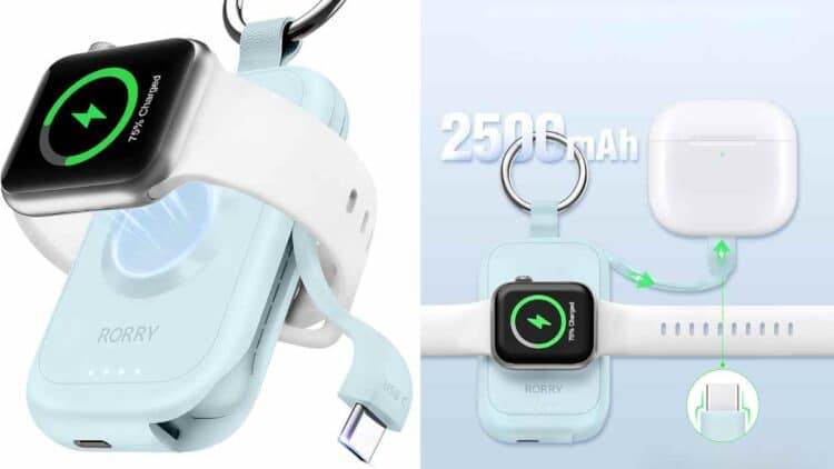 Llavero cargador portátil 3 en 1 RORRY de Amazon para móvil, reloj y auriculares.