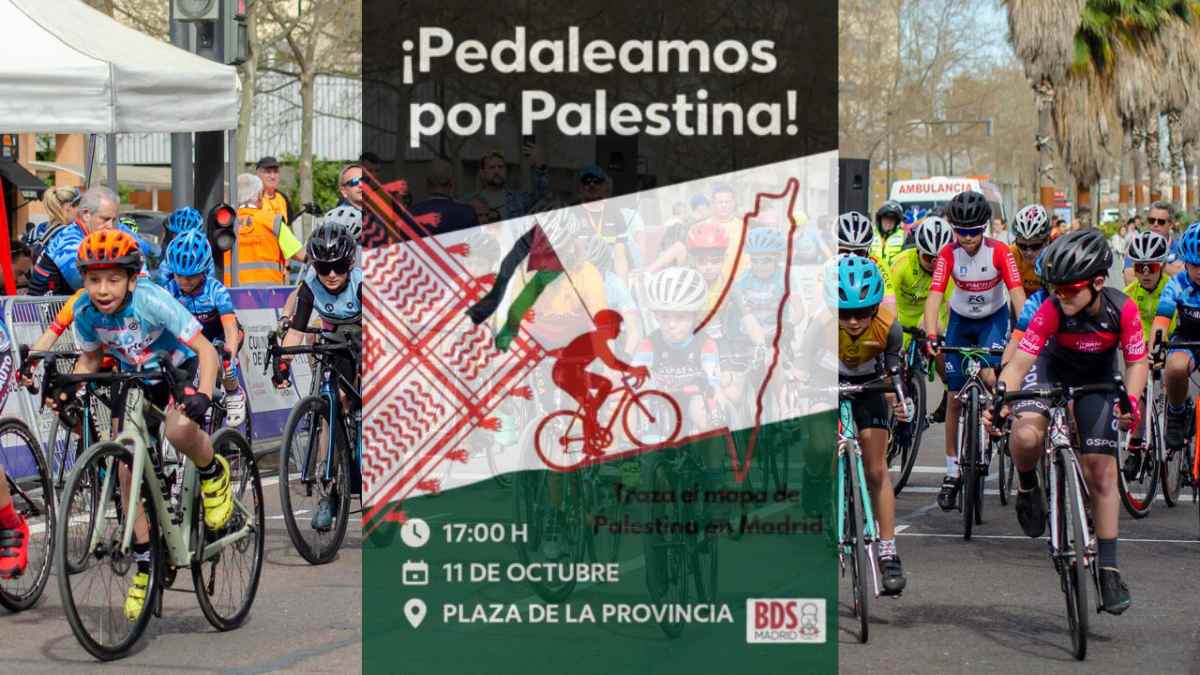 Participantes en la ruta solidaria “Pedaleamos por Palestina” en Madrid el 11 de octubre, organizada por Gaza Sunbirds.
