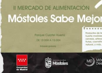Cartel del Mercado Móstoles Sabe Mejor en el Parque Cuartel Huerta con productos locales y entrada gratuita.