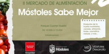 Cartel del Mercado Móstoles Sabe Mejor en el Parque Cuartel Huerta con productos locales y entrada gratuita.