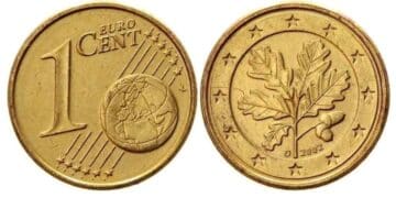 Moneda alemana de 1 céntimo de 2002 con hoja de roble y valor estimado de hasta 50.000 euros.