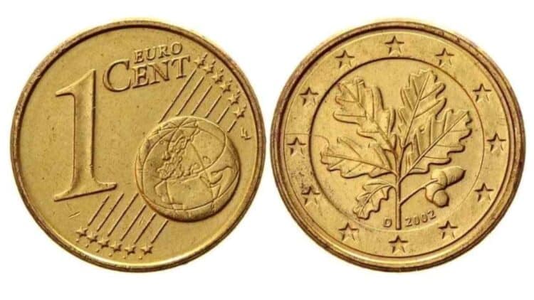 Moneda alemana de 1 céntimo de 2002 con hoja de roble y valor estimado de hasta 50.000 euros.