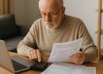 Mutualista jubilado revisando la declaración de la renta para solicitar la devolución del IRPF en 2025.