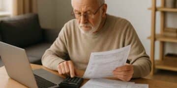 Mutualista jubilado revisando la declaración de la renta para solicitar la devolución del IRPF en 2025.