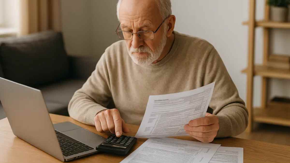 Mutualista jubilado revisando la declaración de la renta para solicitar la devolución del IRPF en 2025.