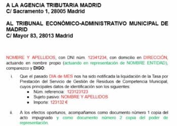 Formulario para reclamar la tasa de basuras en Madrid ante el Tribunal Económico-Administrativo.