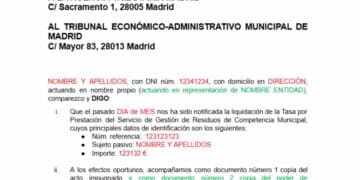 Formulario para reclamar la tasa de basuras en Madrid ante el Tribunal Económico-Administrativo.