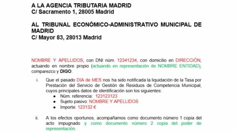 Formulario para reclamar la tasa de basuras en Madrid ante el Tribunal Económico-Administrativo.