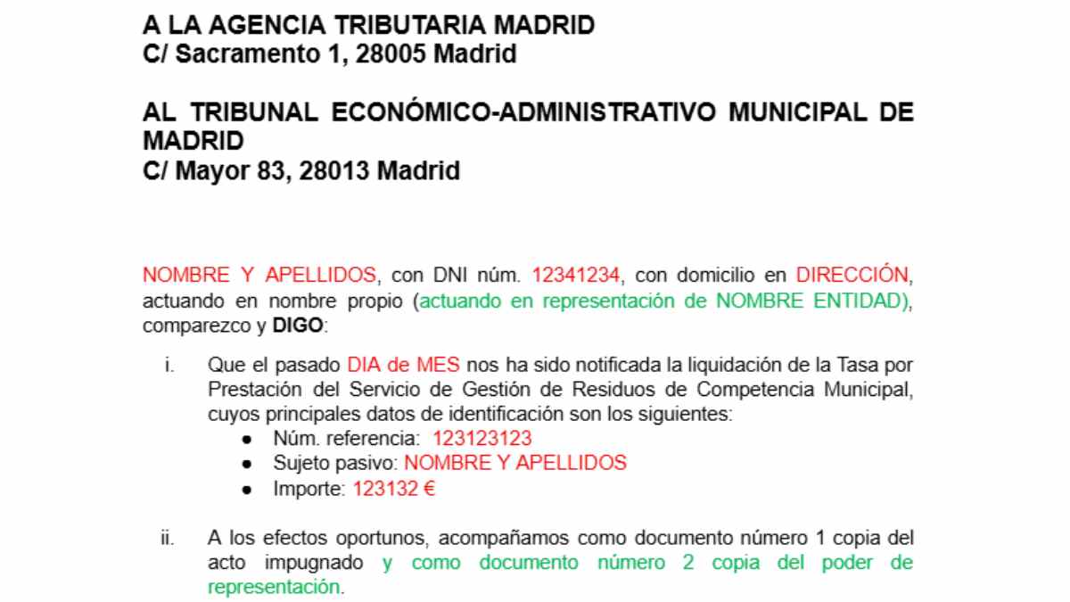Formulario para reclamar la tasa de basuras en Madrid ante el Tribunal Económico-Administrativo.