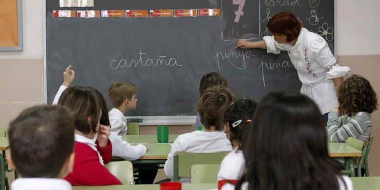 Profesora enseña Lengua y Matemáticas en aula de Primaria dentro del programa de refuerzo escolar de Madrid.