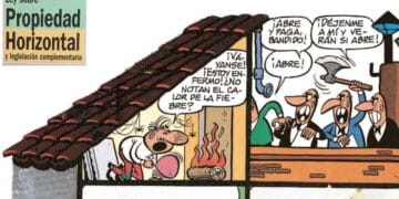 Ilustración humorística sobre sanciones de comunidades a propietarios morosos según la Ley de Propiedad Horizontal.