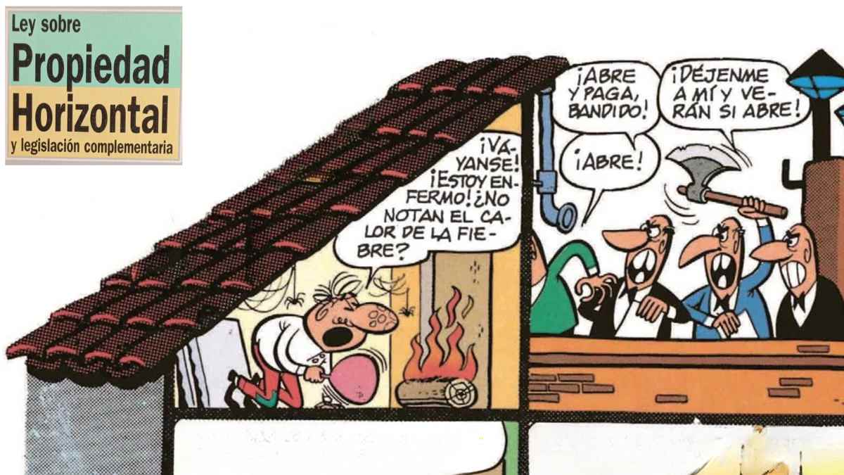 Ilustración humorística sobre sanciones de comunidades a propietarios morosos según la Ley de Propiedad Horizontal.