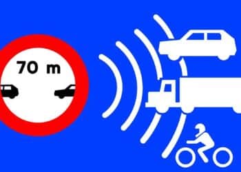 Señal S991f de la DGT que avisa de radar de distancia mínima entre vehículos