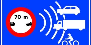 Señal S991f de la DGT que avisa de radar de distancia mínima entre vehículos