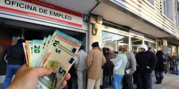 Personas en una oficina de empleo del SEPE esperando para solicitar ayudas de hasta 3.000 euros por cotización insuficiente.