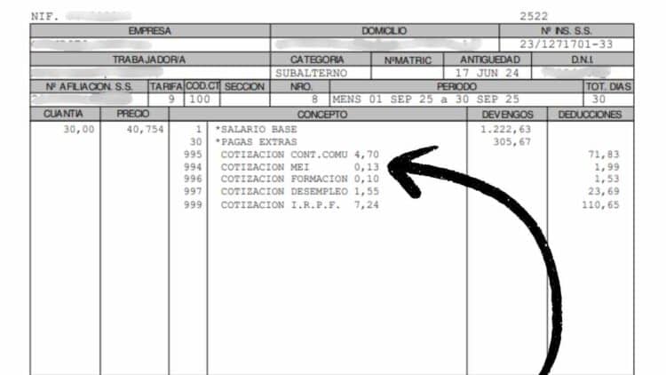Detalle de una nómina con la deducción del Mecanismo de Equidad Intergeneracional (MEI) aplicada por la Seguridad Social en 2026.