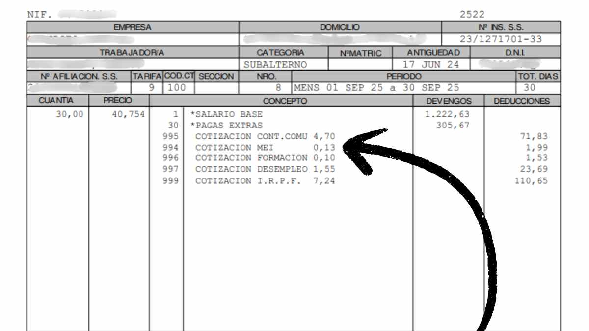 Detalle de una nómina con la deducción del Mecanismo de Equidad Intergeneracional (MEI) aplicada por la Seguridad Social en 2026.