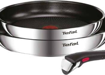 Set de sartenes Tefal con mango extraíble que ahorra espacio y muestra la temperatura ideal para cocinar.