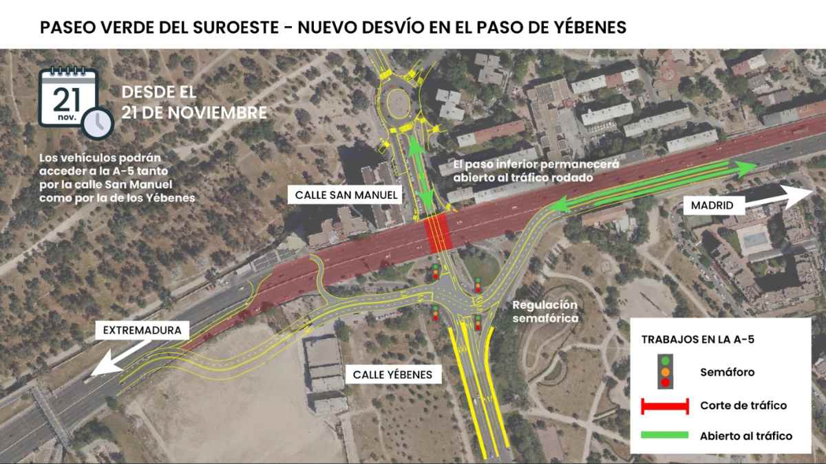 Mapa del nuevo desvío en el paso de Yébenes por las obras de la A-5 desde el 21 de noviembre.